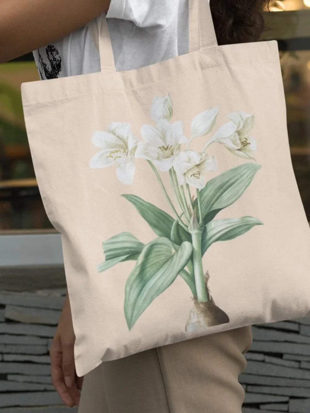Giant Crinum Lily Vintage Floral Print Graphic Canvas Tote Bag